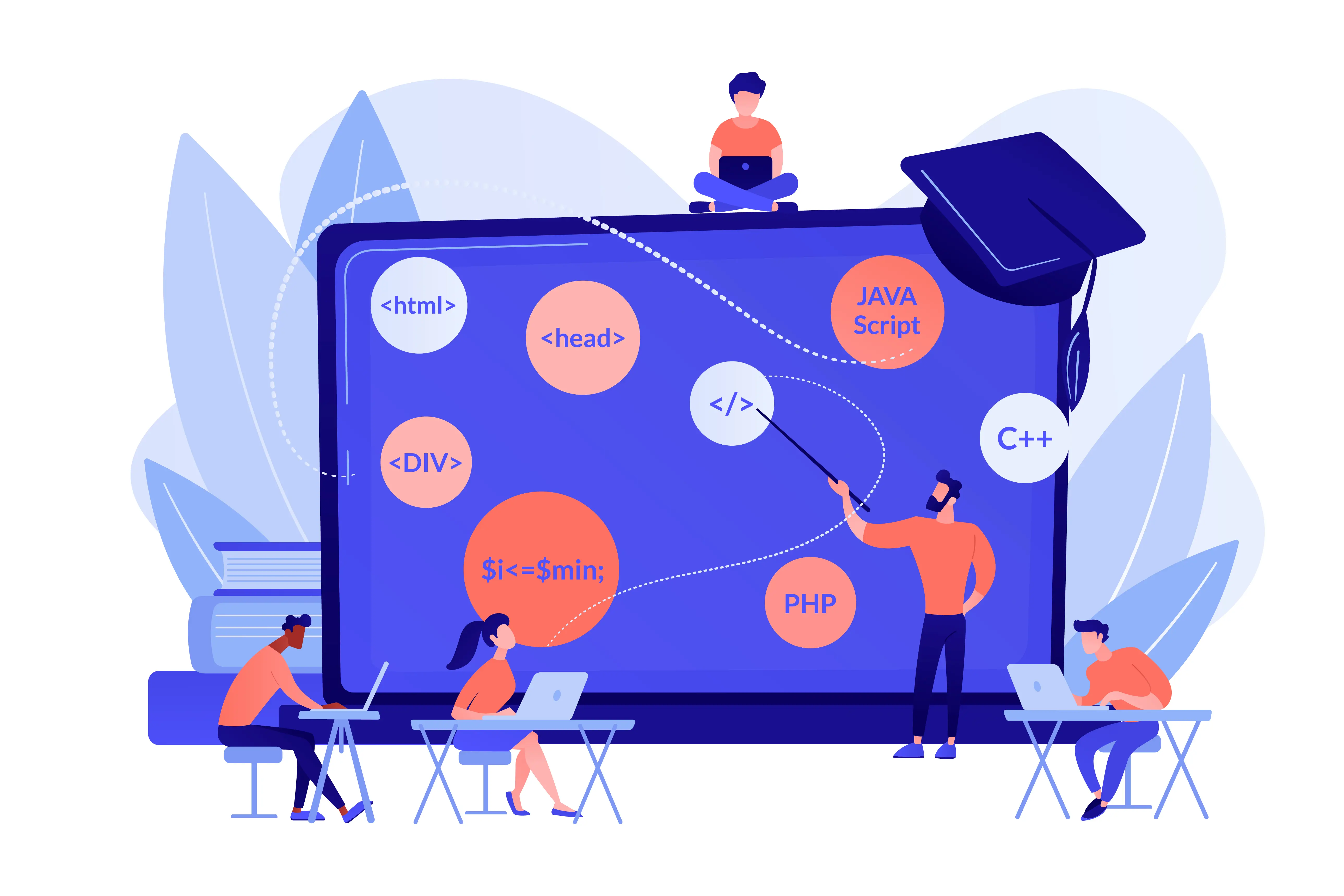 Illustration von Personen, die an Laptops arbeiten und einem Lehrer zuhören, der vor einem großen Bildschirm Programmiersprachen und Codeelemente wie HTML, JavaScript, PHP und C++ erklärt.