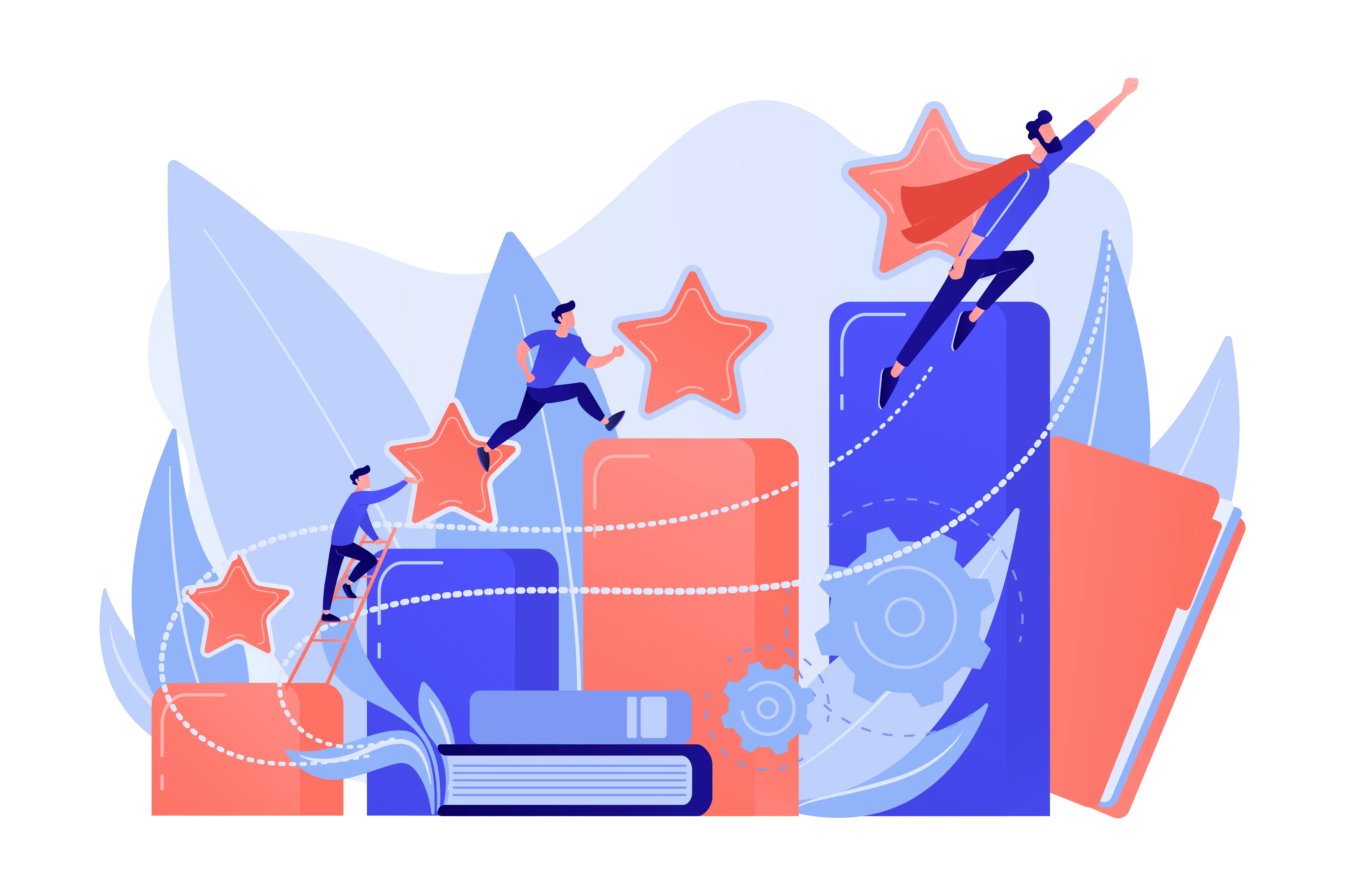 Illustration von drei Personen, die auf große Blöcke klettern, Sterne erreichen und aufsteigen. Rechts fliegt eine Person mit Umhang wie ein Superheld nach oben.