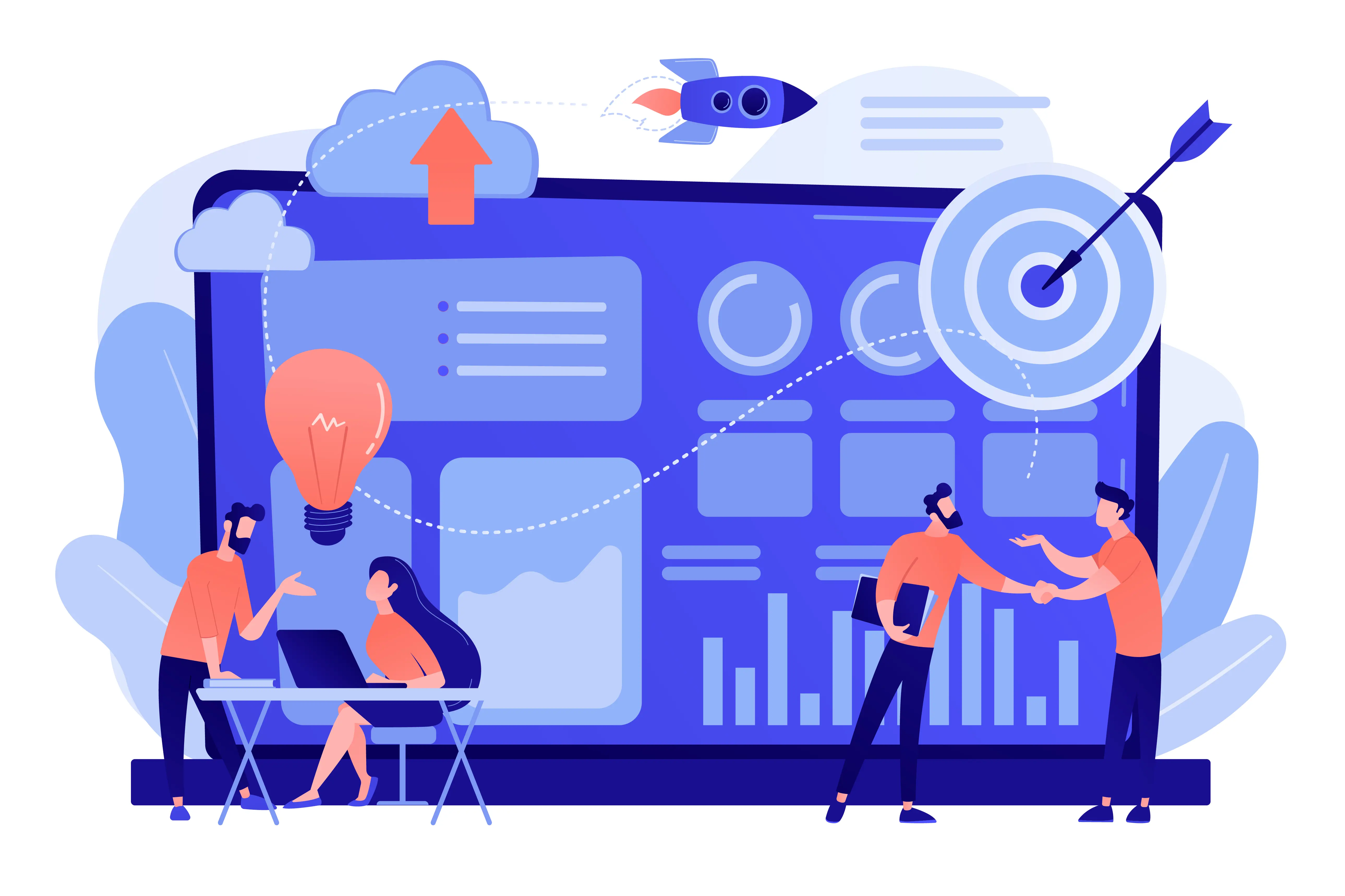 Illustration von Geschäftspersonen, die sich vor einem Bildschirm mit Daten, Cloud-Upload und Zielscheibe austauschen.