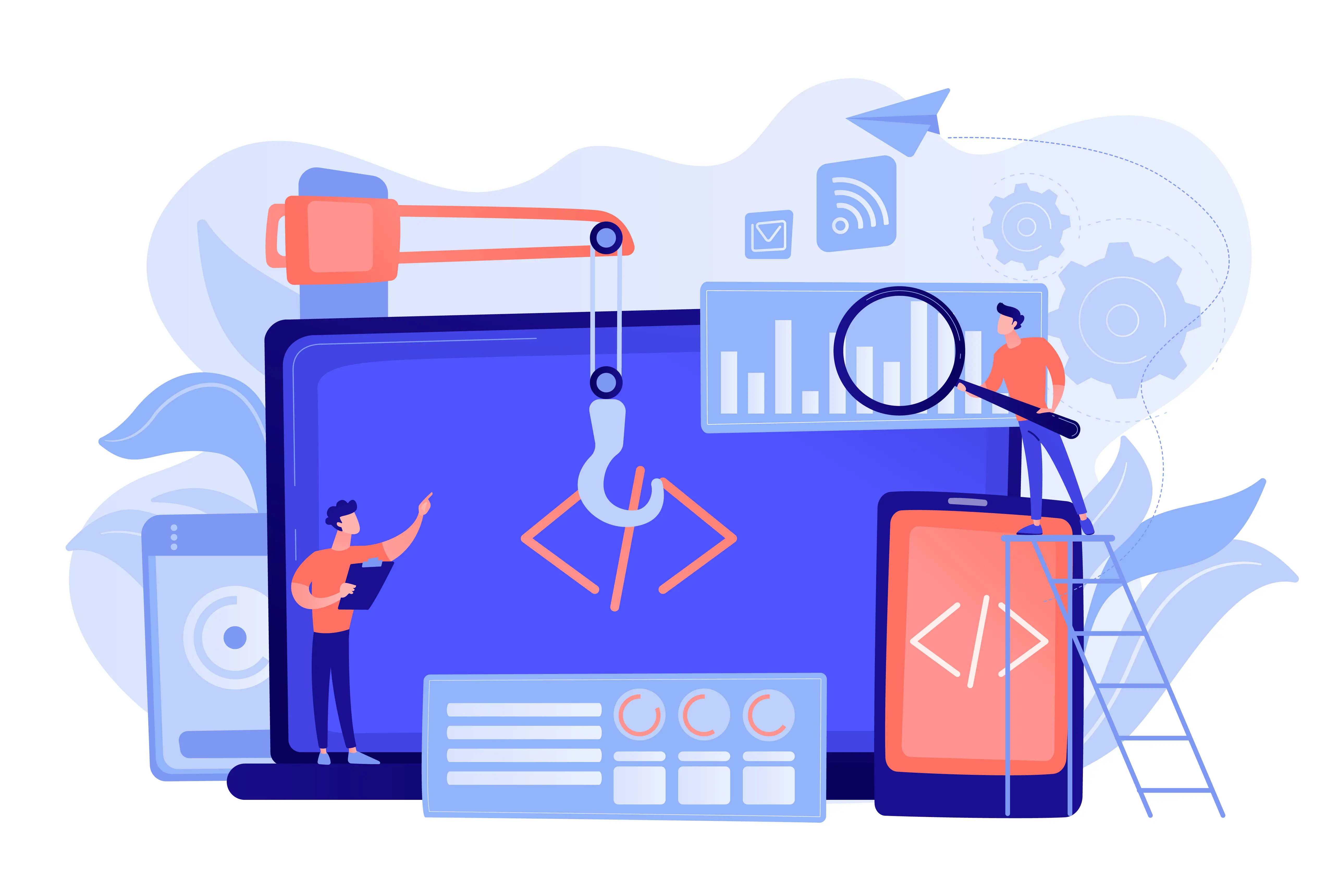 Illustration von mehreren Personen, die an einem großen Bildschirm mit Symbolen und Diagrammen arbeiten. Im Vordergrund sind ein Kranhaken, ein Smartphone und eine Lupe dargestellt.