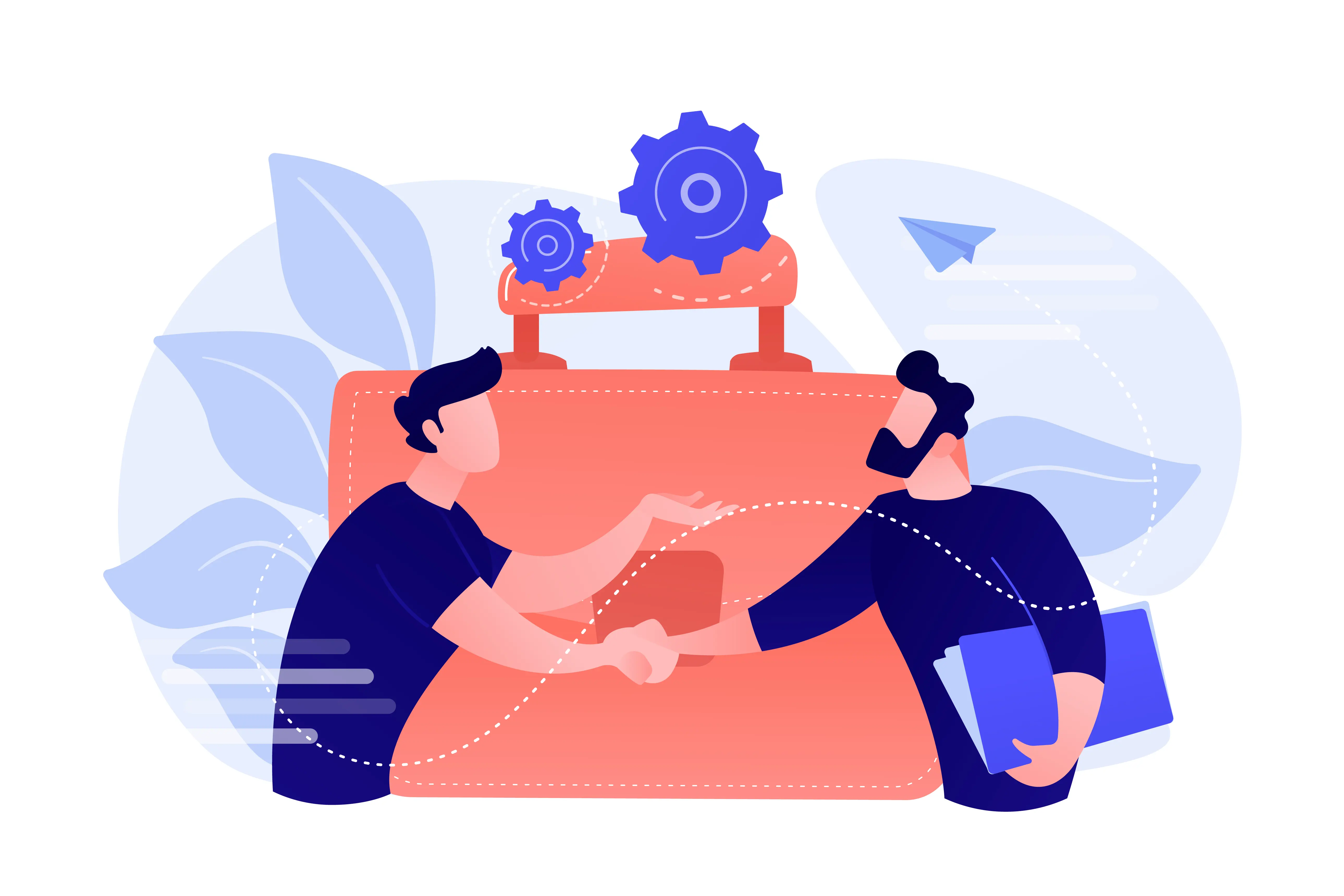 Illustration von zwei Personen, die sich die Hand schütteln. Im Hintergrund ist ein großer orangefarbener Aktenkoffer mit Zahnrädern dargestellt.