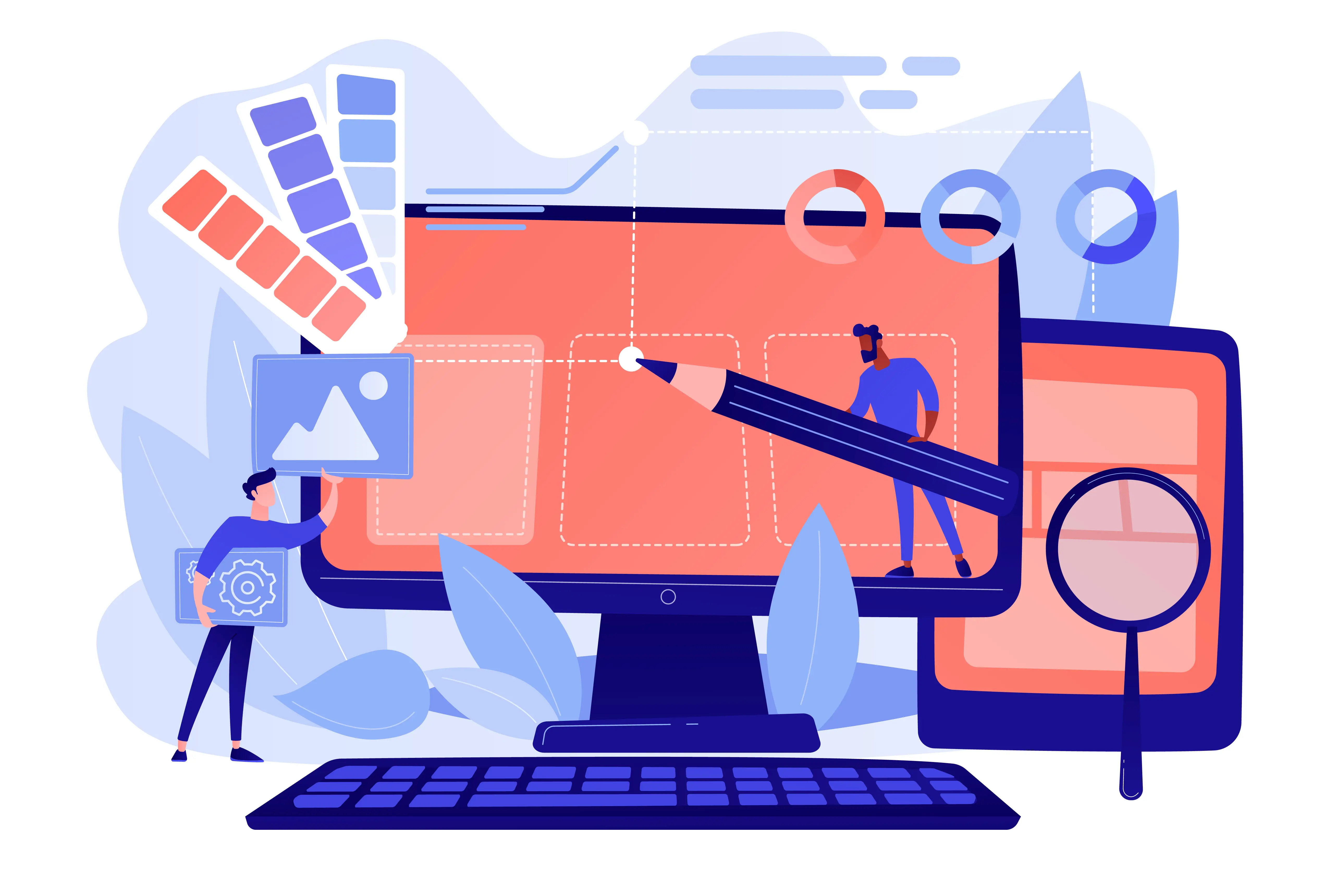 Illustration zur Web- und UI-Entwicklung mit Monitor, Farbfächer und Menschen, die Elemente platzieren und gestalten.