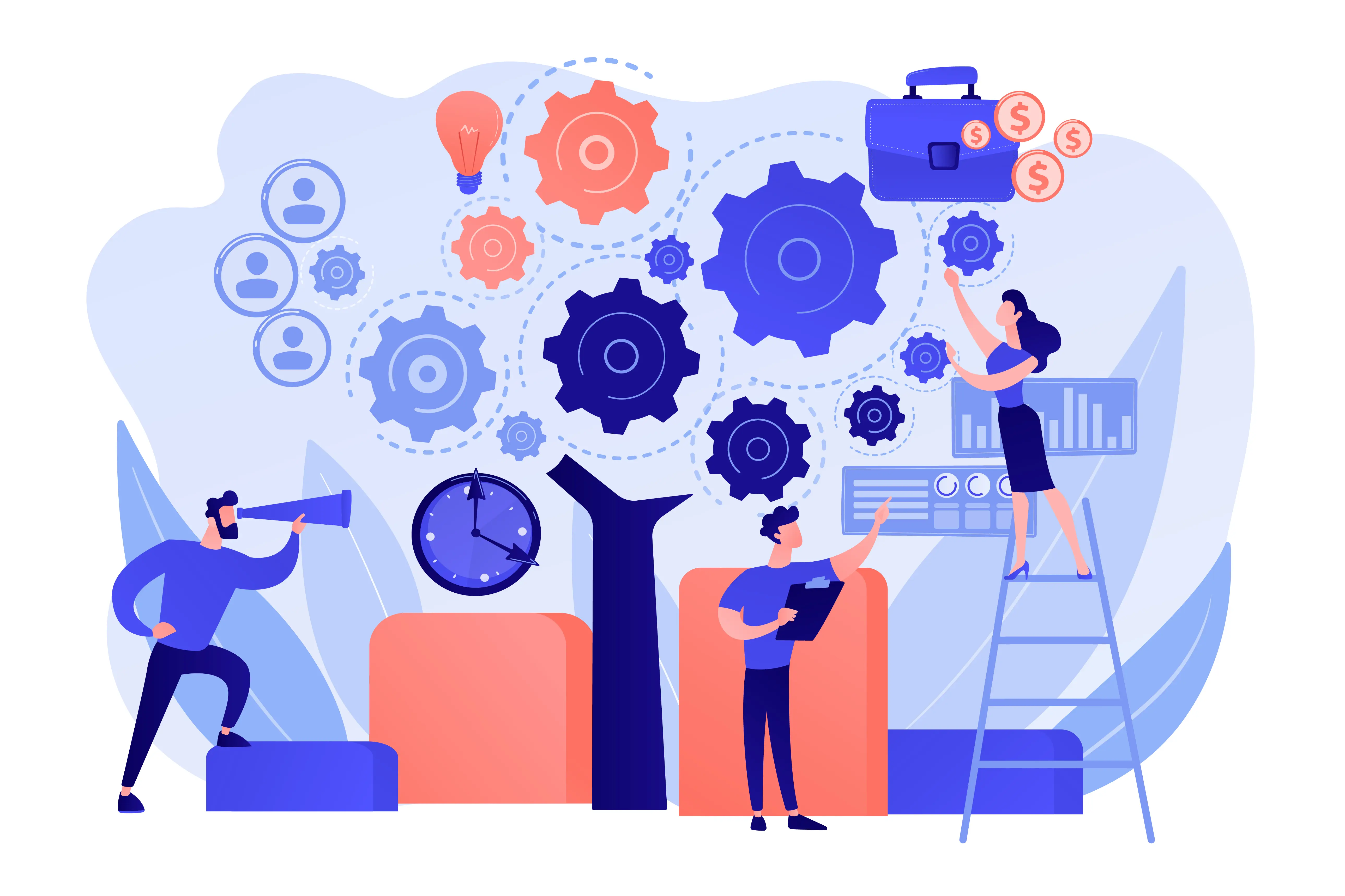 Illustration von mehreren Personen, die mit Zahnrädern, Diagrammen und Symbolen interagieren. Links schaut eine Person durch ein Fernrohr, in der Mitte steht eine Person mit Klemmbrett, rechts steigt eine Person auf eine Leiter und berührt ein Zahnrad. Im Hintergrund sind Symbole für Zeit, Ideen, Netzwerke und Geld dargestellt.